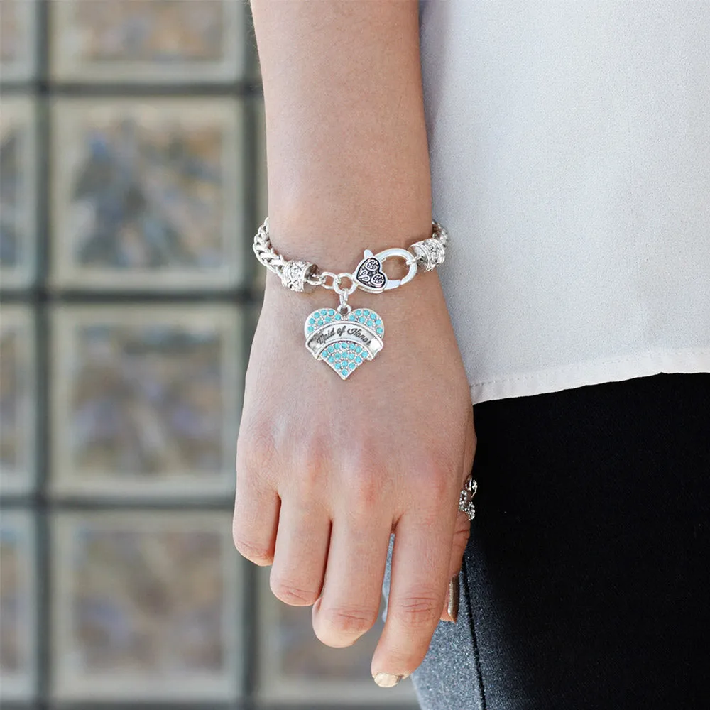 Silver Aqua Maid of Honor Aqua Pave Heart Charm Braided Bracelet