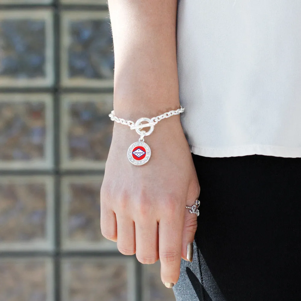 Silver Arkansas Flag Circle Charm Toggle Bracelet