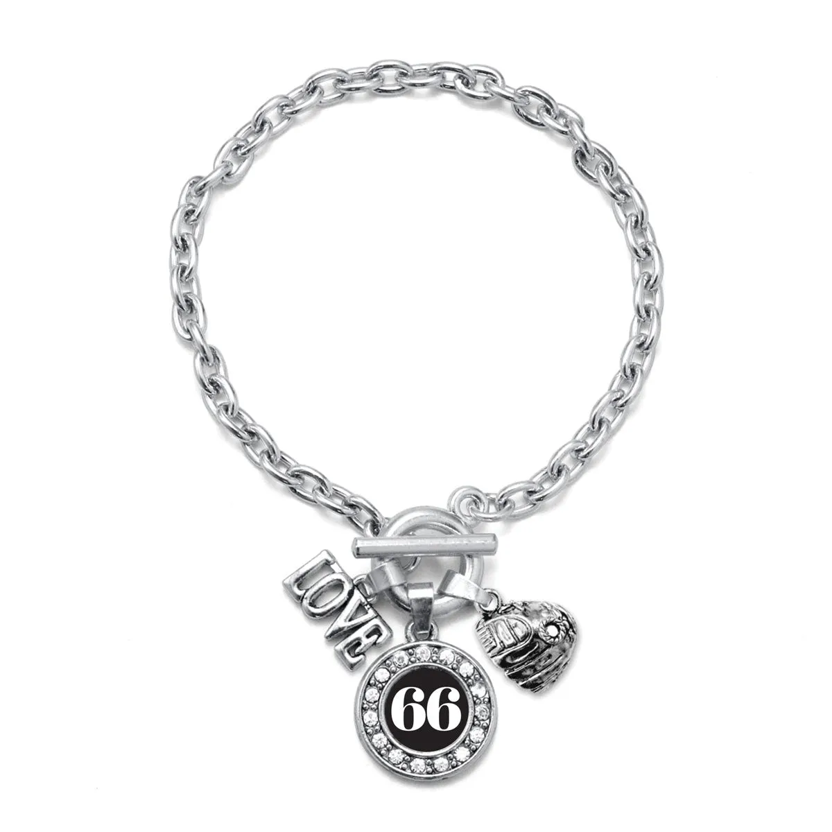 Silver Baseball Glove - Sports Number 66 Circle Charm Toggle Bracelet