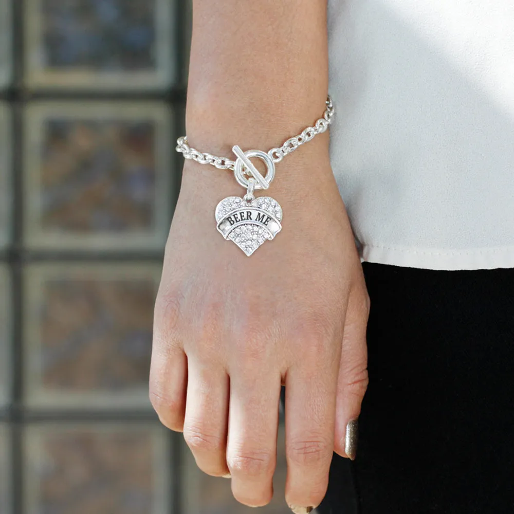 Silver Beer Me Pave Heart Charm Toggle Bracelet