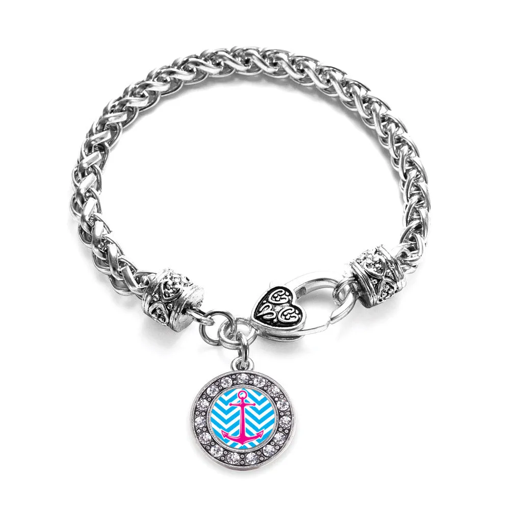 Silver Blue Chevron Pink Anchor Circle Charm Braided Bracelet