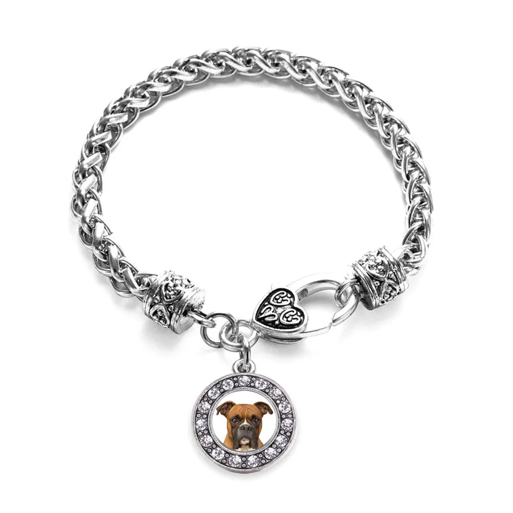 Silver Boxer Face Circle Charm Braided Bracelet