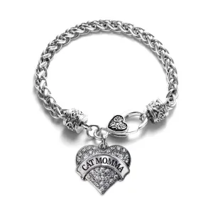 Silver Cat Momma Pave Heart Charm Braided Bracelet