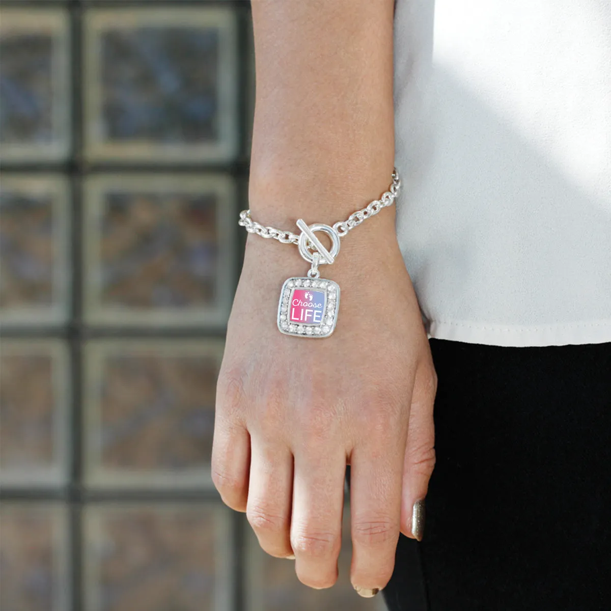 Silver Choose Life Square Charm Toggle Bracelet