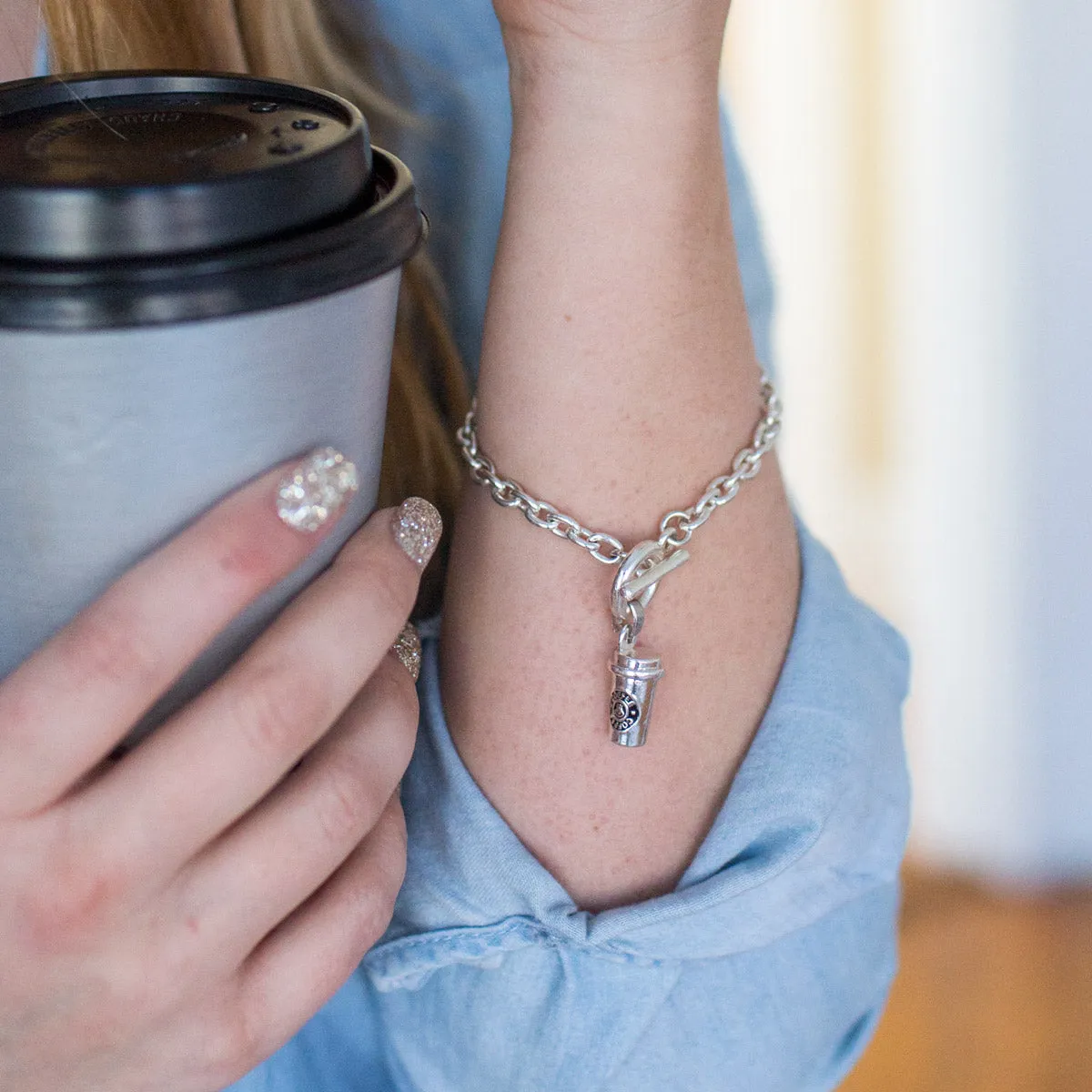 Silver Coffee Travel Mug Charm Toggle Bracelet