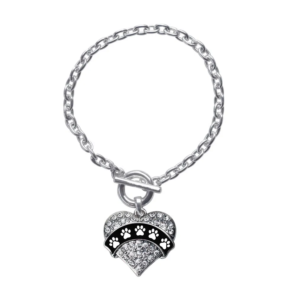 Silver Cute Paw Prints Pave Heart Charm Toggle Bracelet