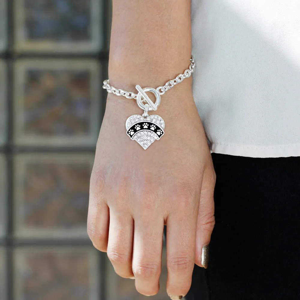 Silver Cute Paw Prints Pave Heart Charm Toggle Bracelet