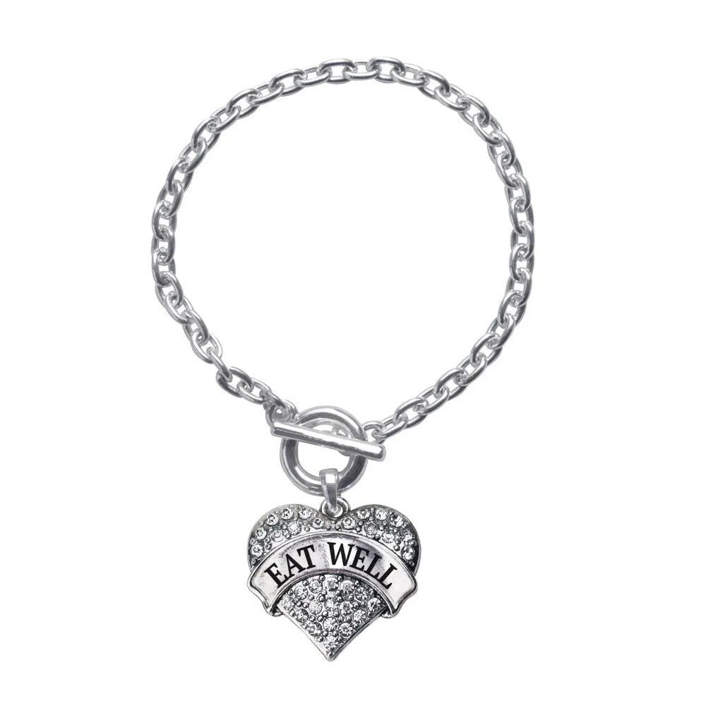 Silver Eat Well Pave Heart Charm Toggle Bracelet