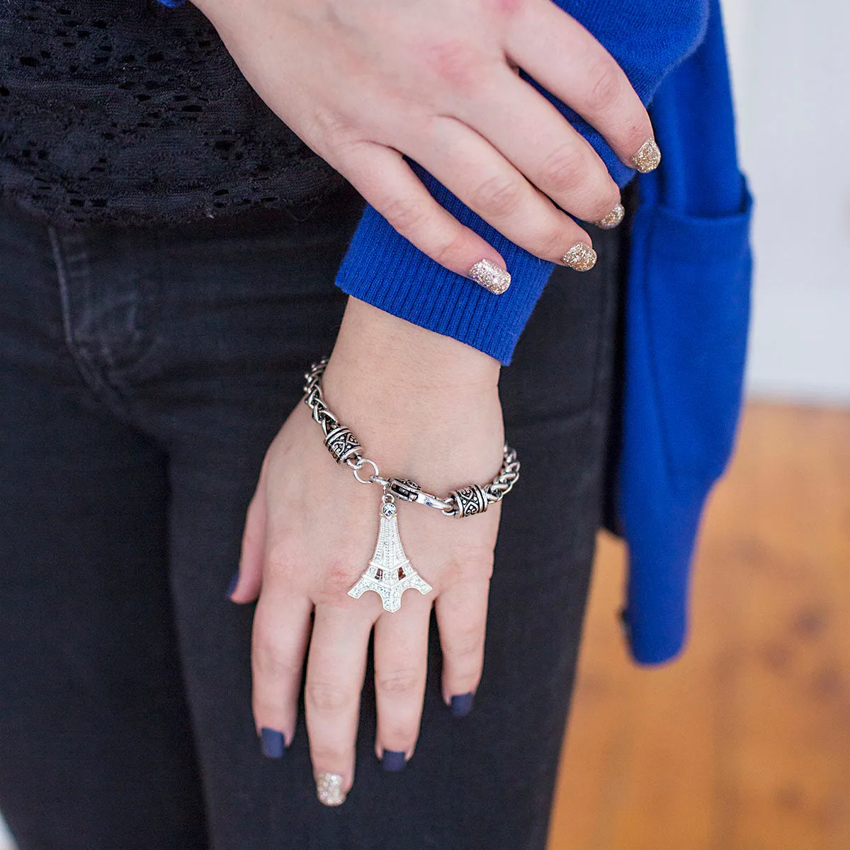 Silver Eiffel Tower Charm Braided Bracelet