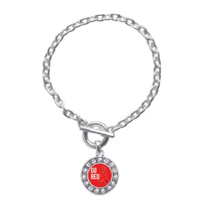 Silver Go Red Heart Disease Awareness Circle Charm Toggle Bracelet