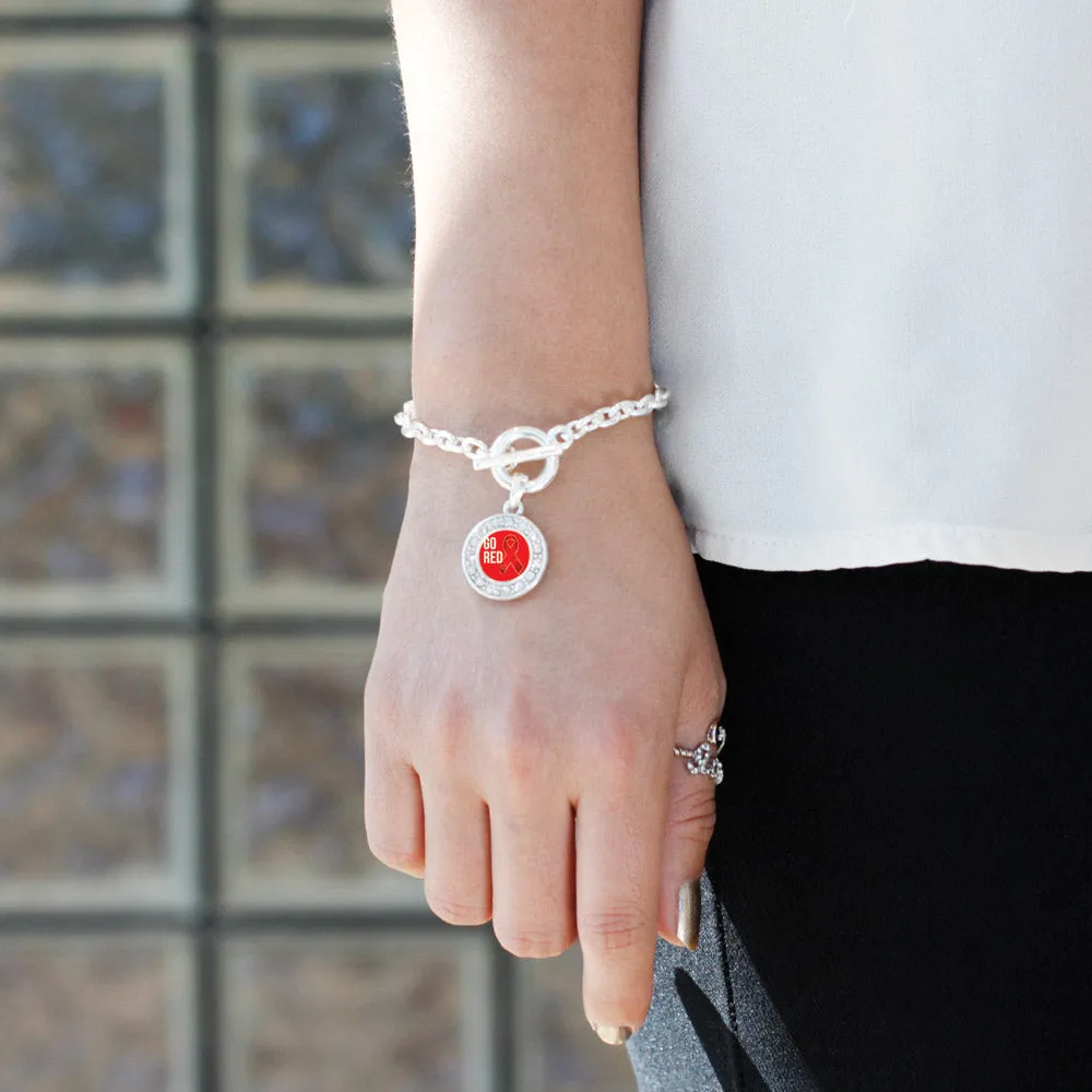 Silver Go Red Heart Disease Awareness Circle Charm Toggle Bracelet