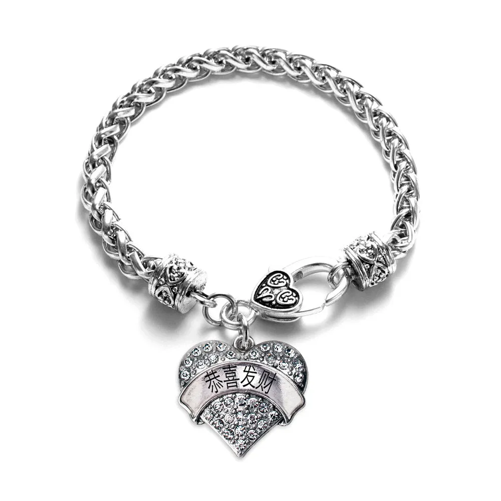 Silver Gōng Xǐ Fā Cái Chinese Characters Pave Heart Charm Braided Bracelet