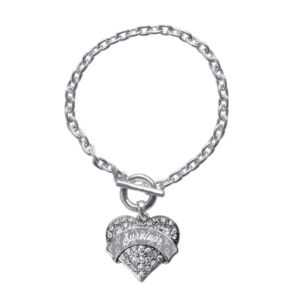 Silver Gray Survivor Pave Heart Charm Toggle Bracelet