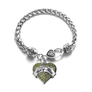 Silver Green Maid of Honor Green Pave Heart Charm Braided Bracelet