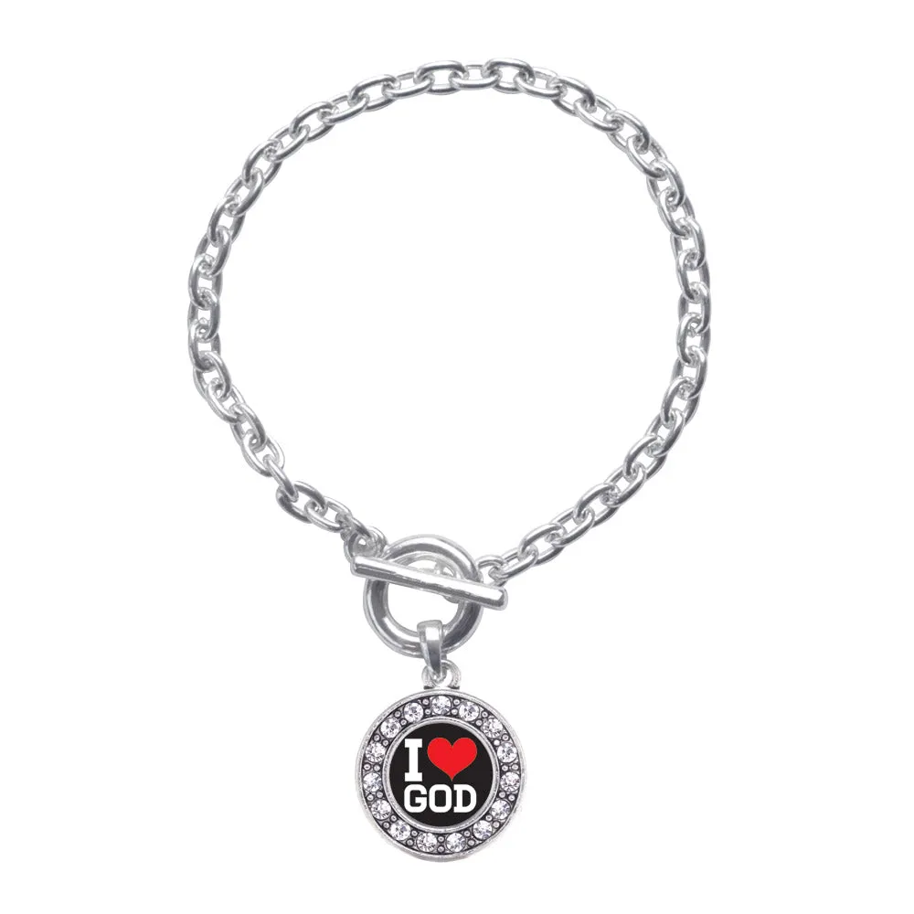 Silver I Love God Circle Charm Toggle Bracelet