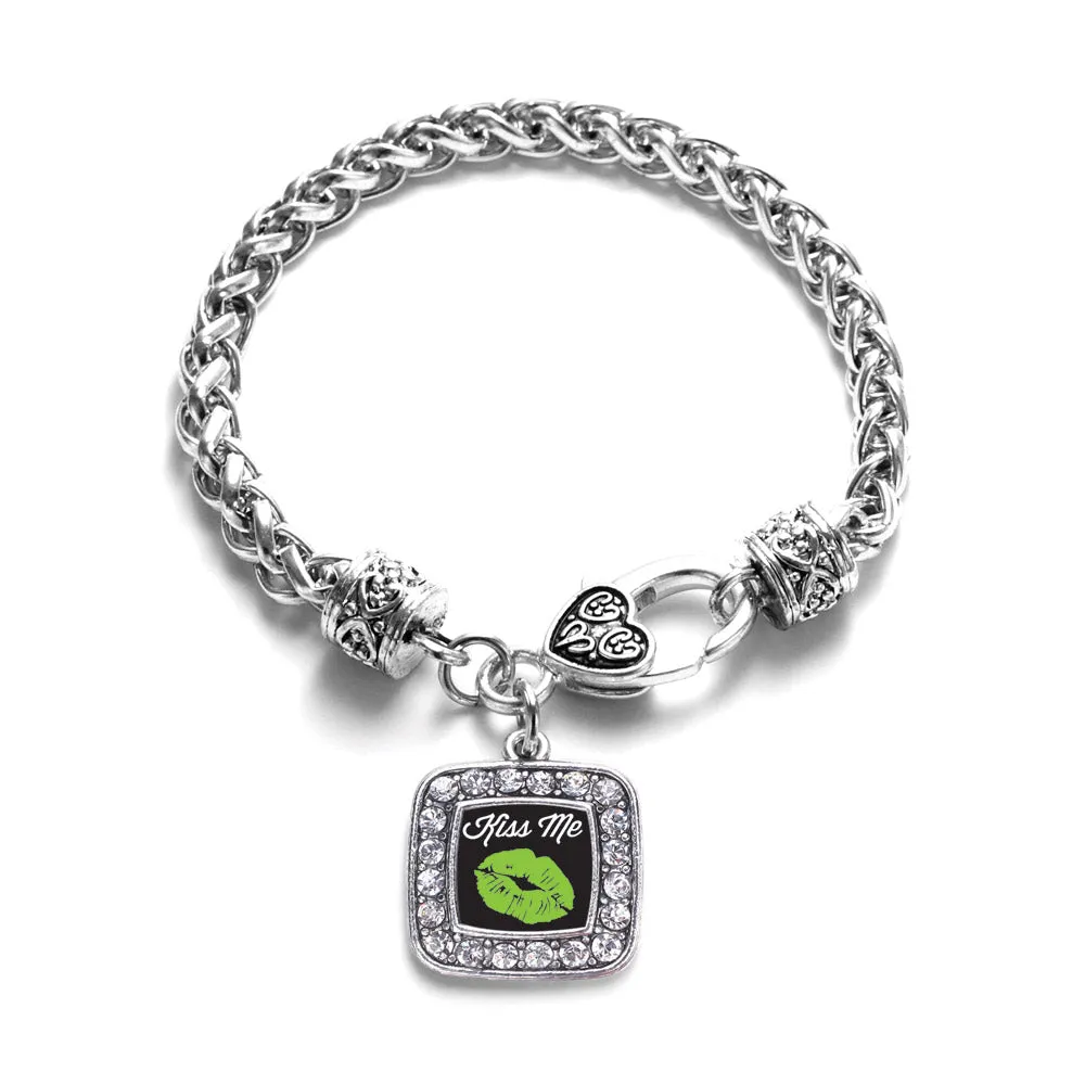 Silver Kiss Me I'm Irish Square Charm Braided Bracelet