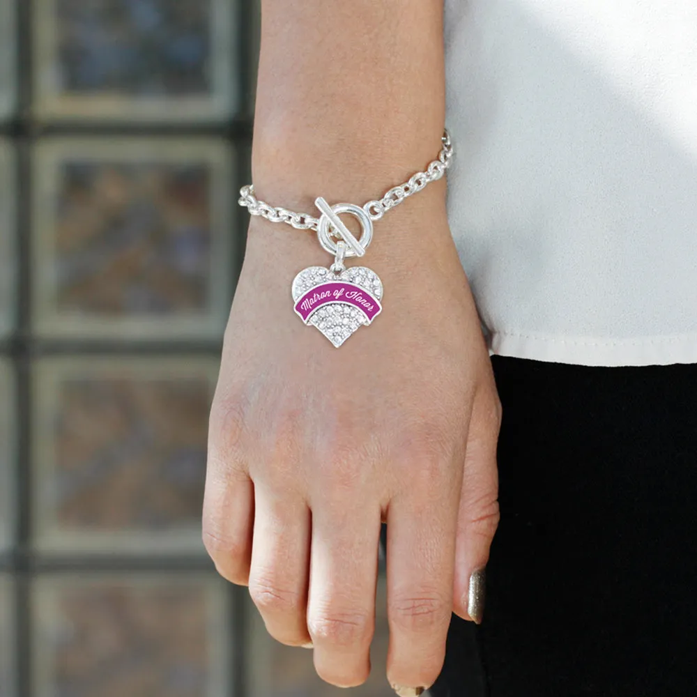 Silver Magenta Matron of Honor Pave Heart Charm Toggle Bracelet