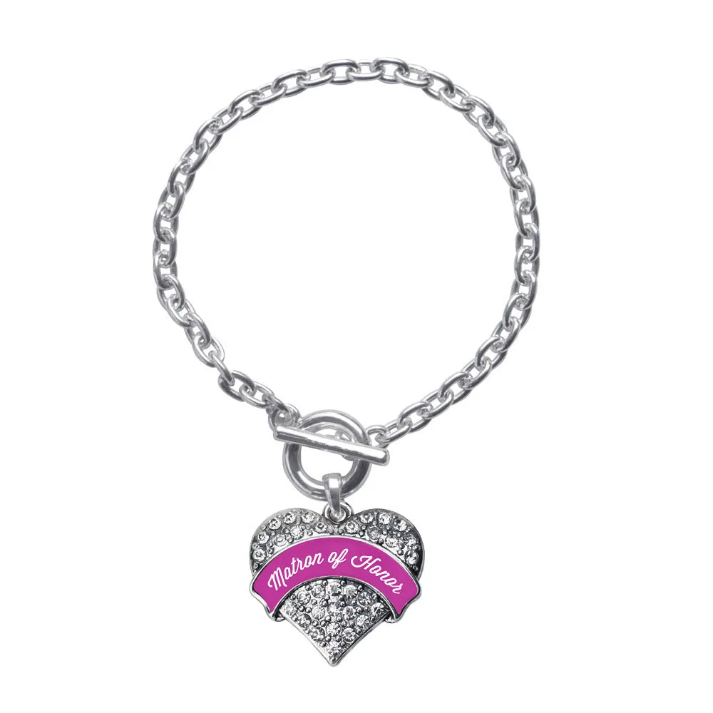 Silver Magenta Matron of Honor Pave Heart Charm Toggle Bracelet