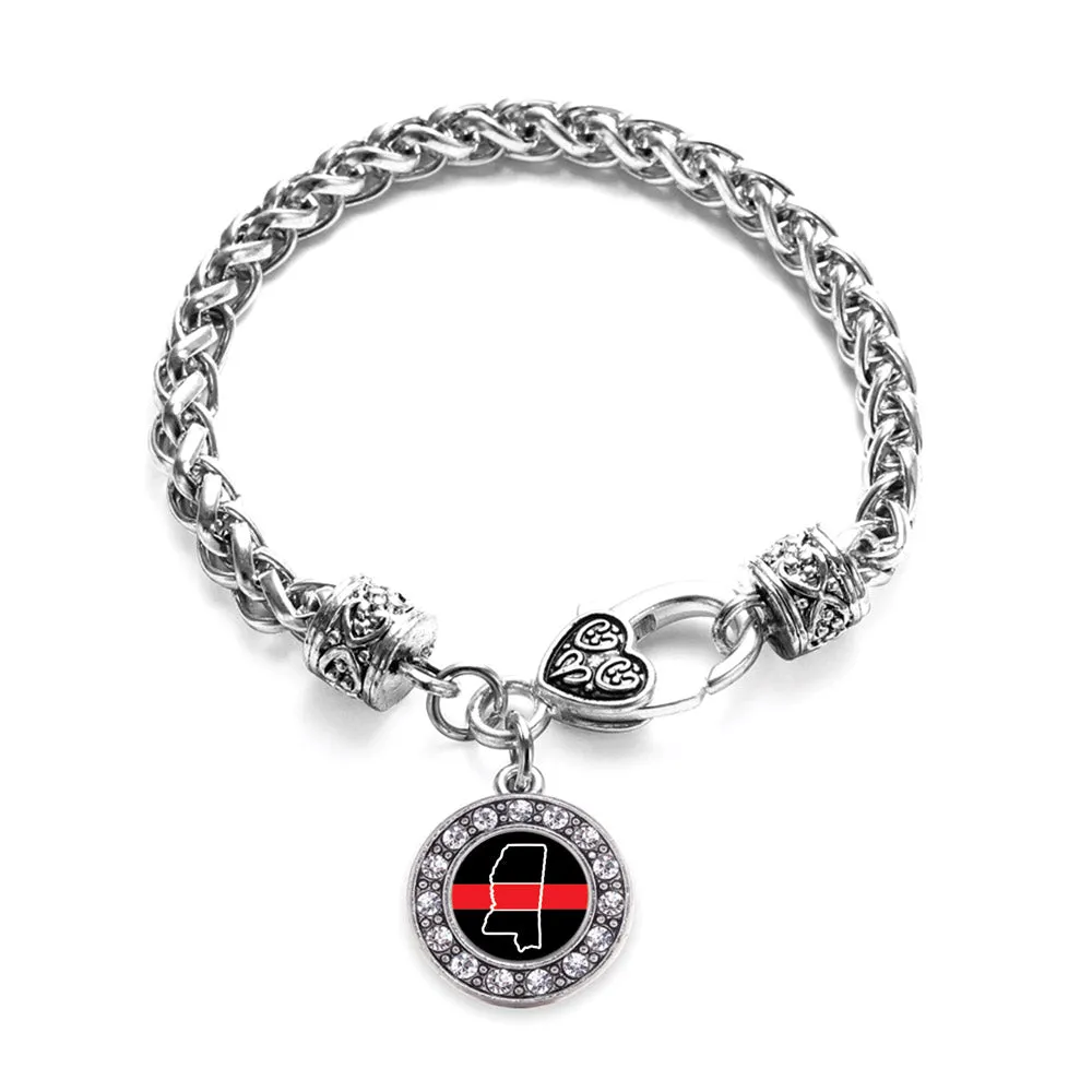 Silver Mississippi Thin Red Line Circle Charm Braided Bracelet