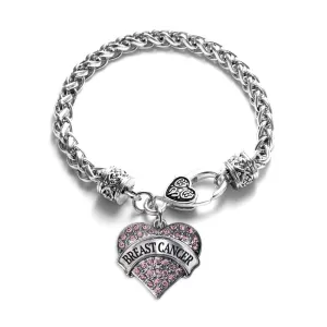 Silver Pink Breast Cancer Pink Pave Heart Charm Braided Bracelet