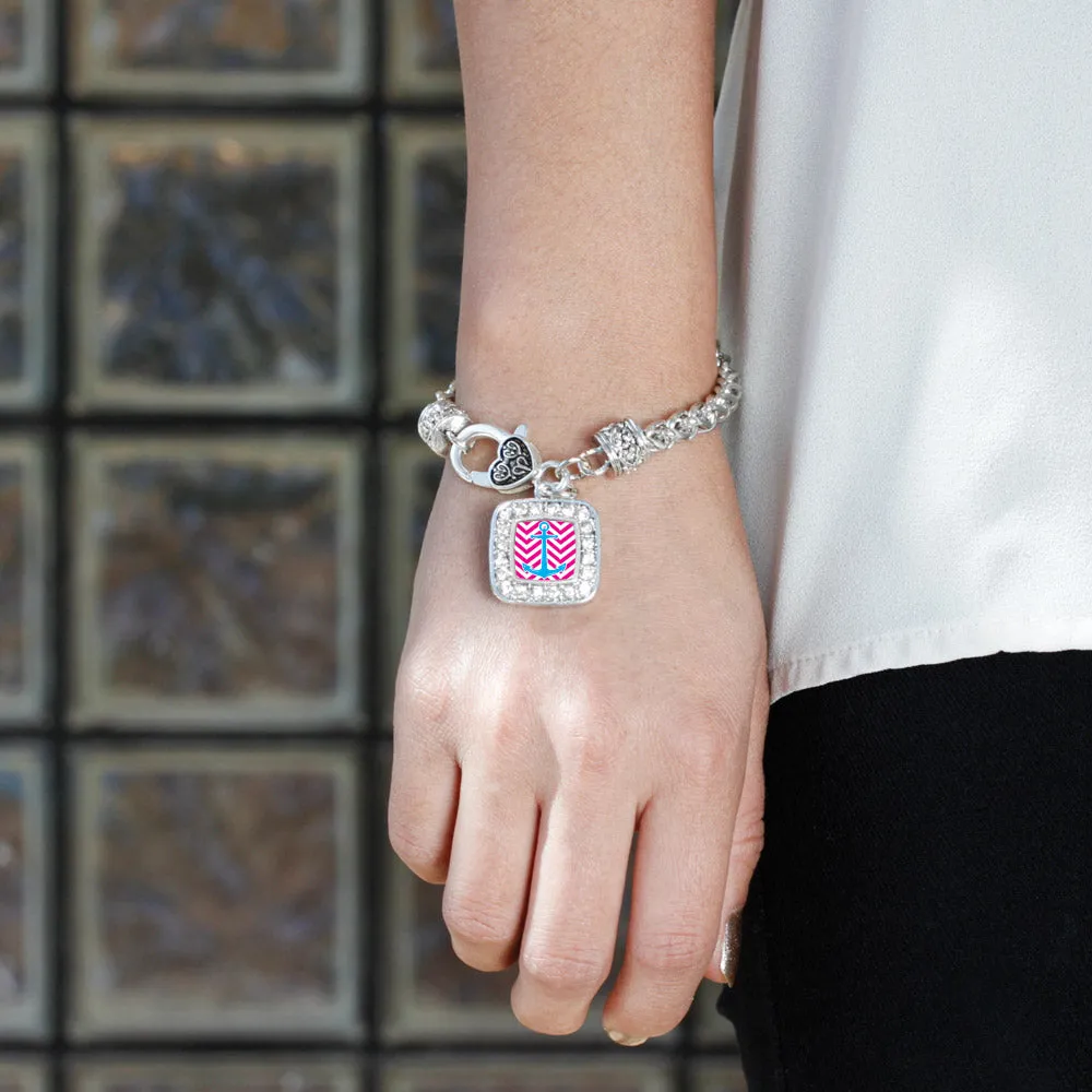 Silver Pink Chevron Blue Anchor Square Charm Braided Bracelet