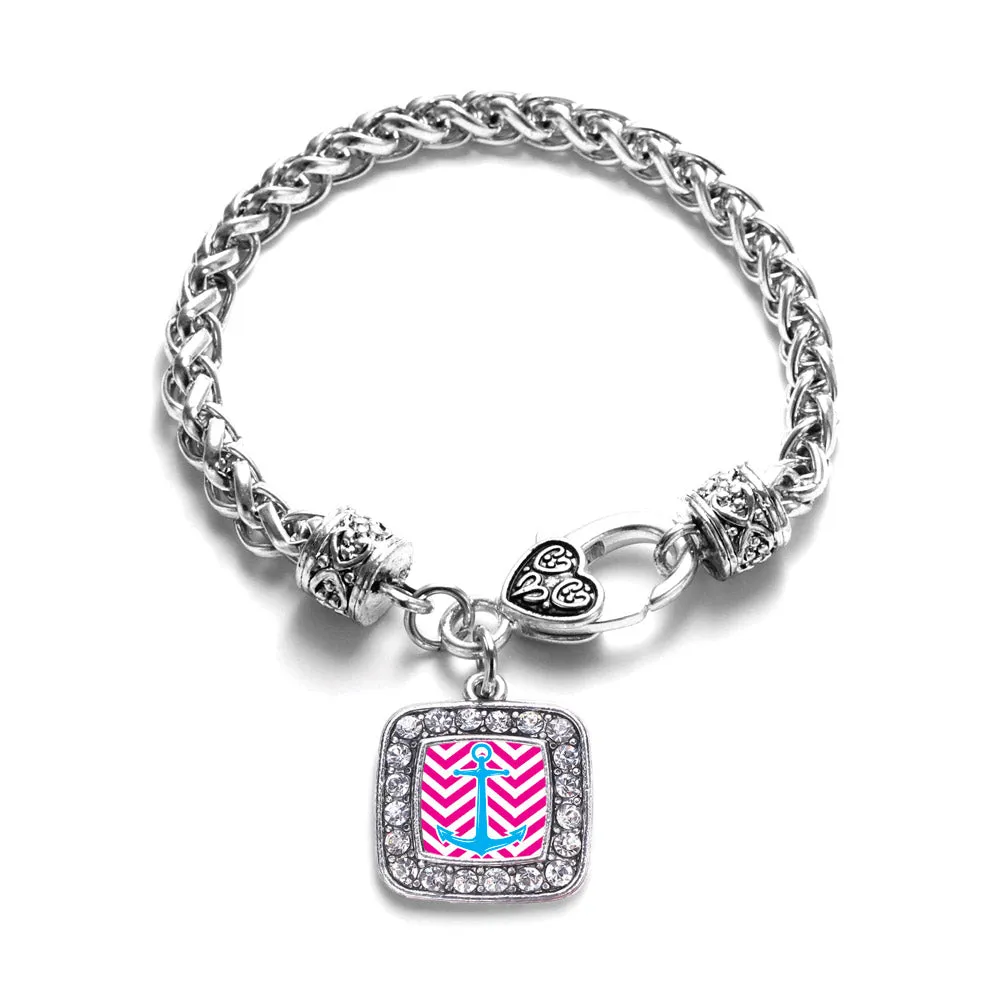 Silver Pink Chevron Blue Anchor Square Charm Braided Bracelet