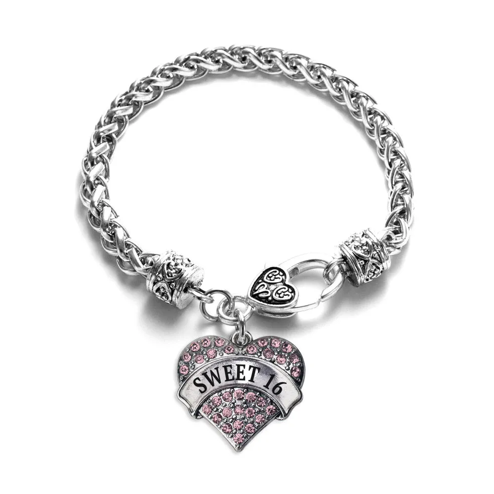 Silver Pink Sweet 16 Pink Pave Heart Charm Braided Bracelet