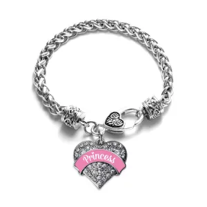 Silver Princess - Pink Pave Heart Charm Braided Bracelet