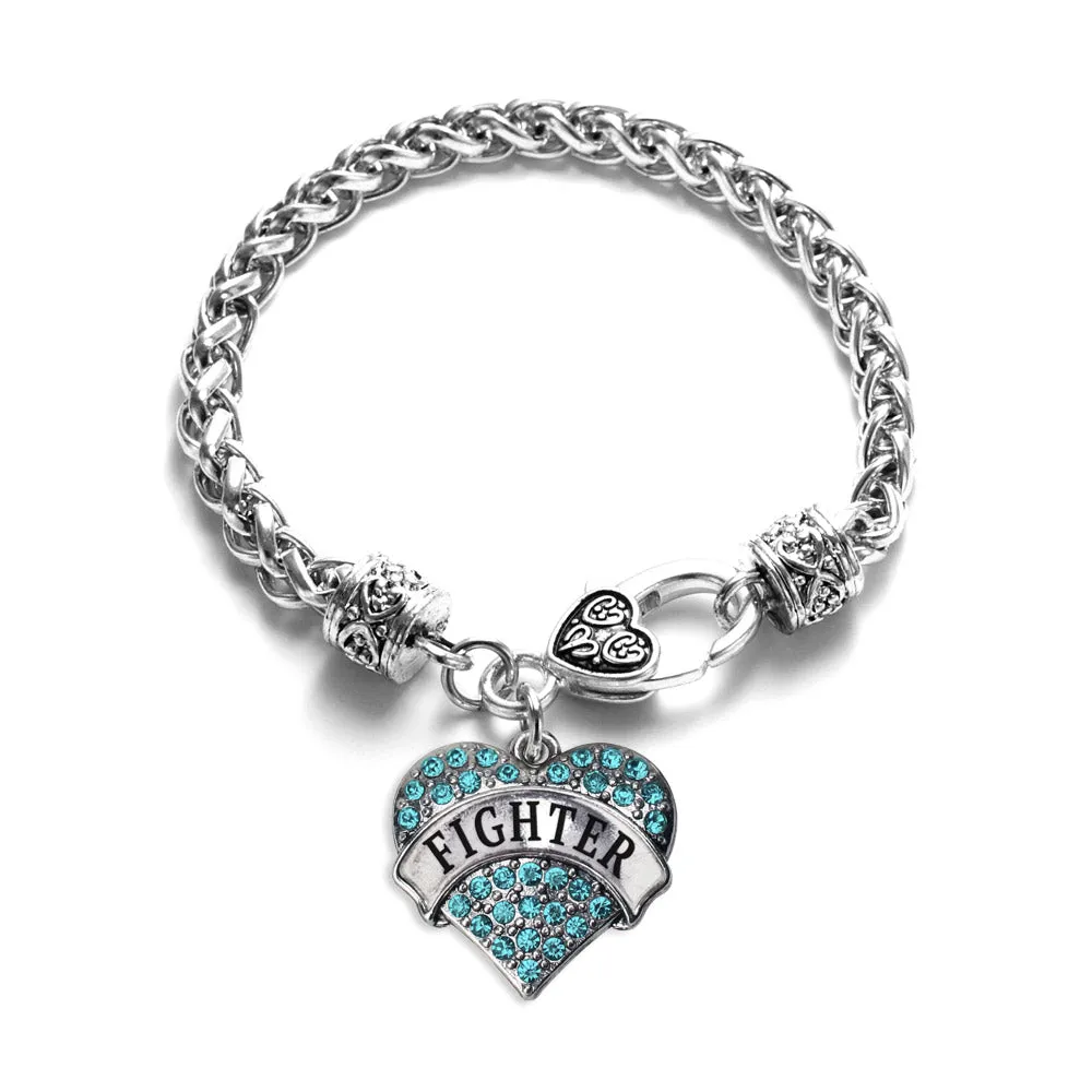 Silver Teal Fighter Aqua Pave Heart Charm Braided Bracelet