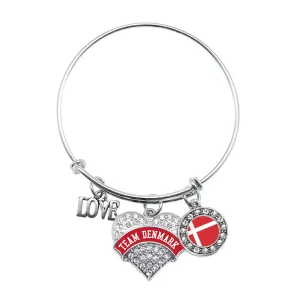 Silver Team Denmark Pave Heart Charm Wire Bangle Bracelet