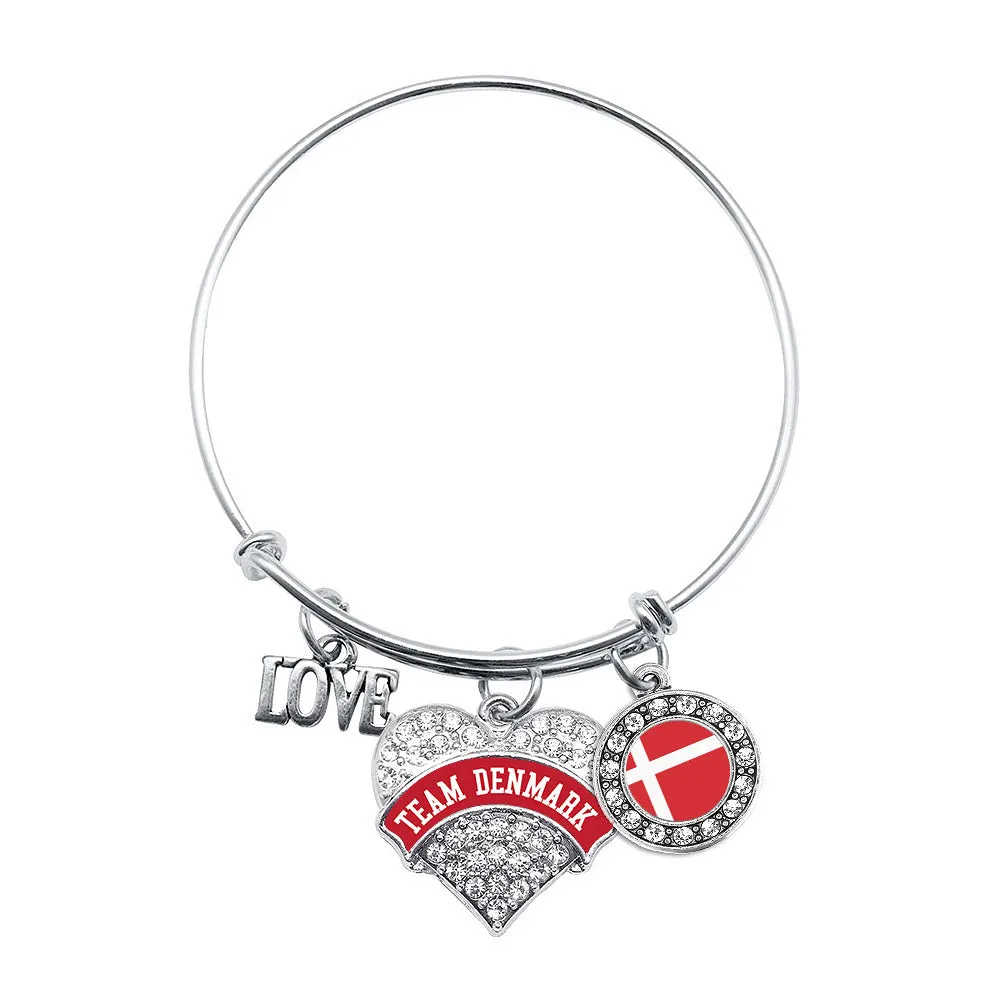 Silver Team Denmark Pave Heart Charm Wire Bangle Bracelet