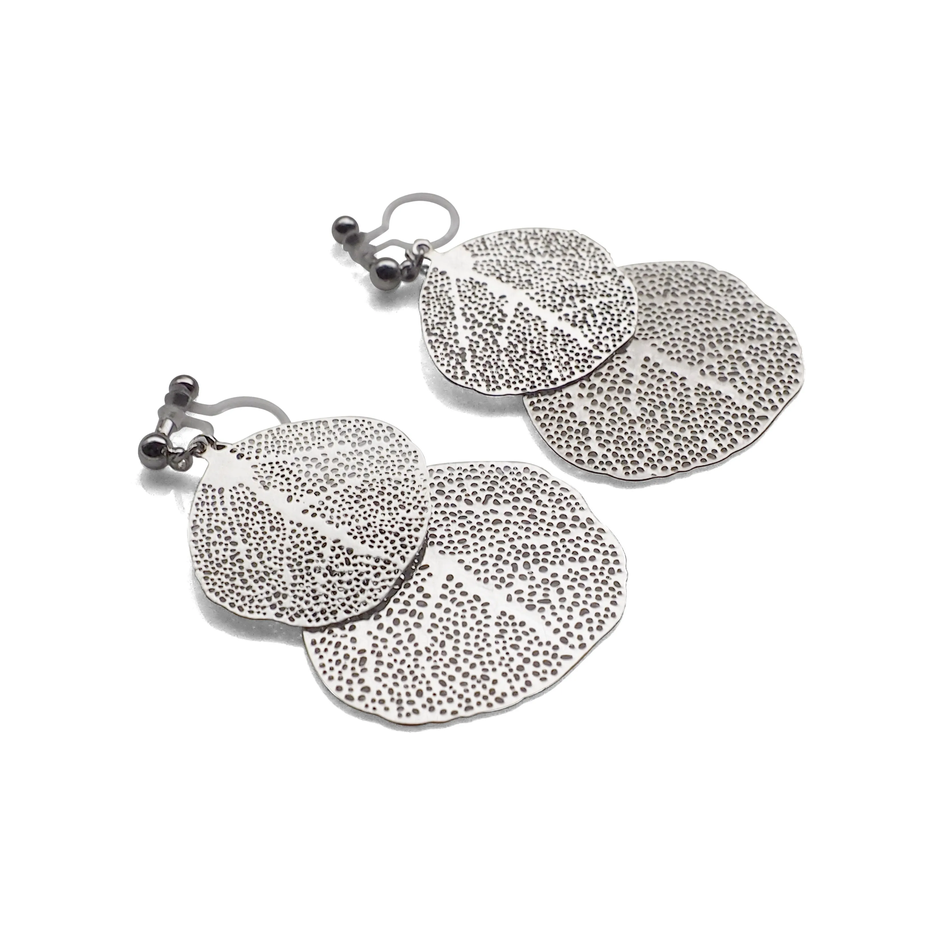 Silver two leaf filigree invisible clip on earrings