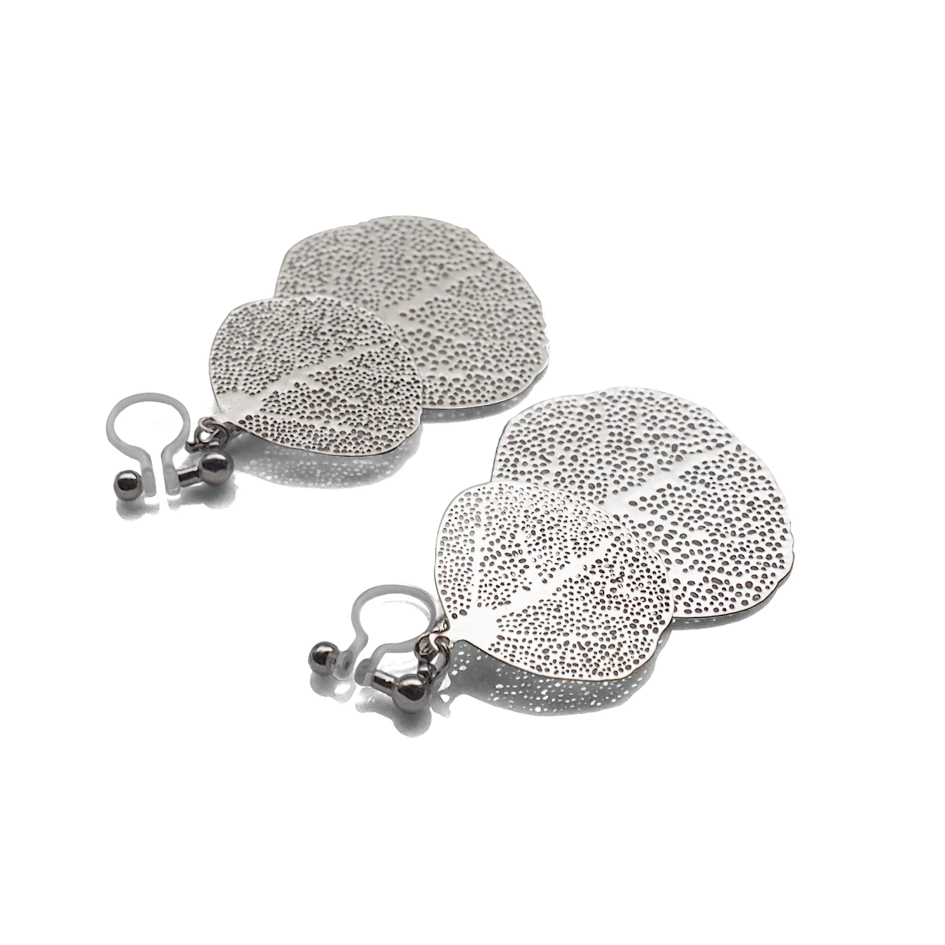 Silver two leaf filigree invisible clip on earrings