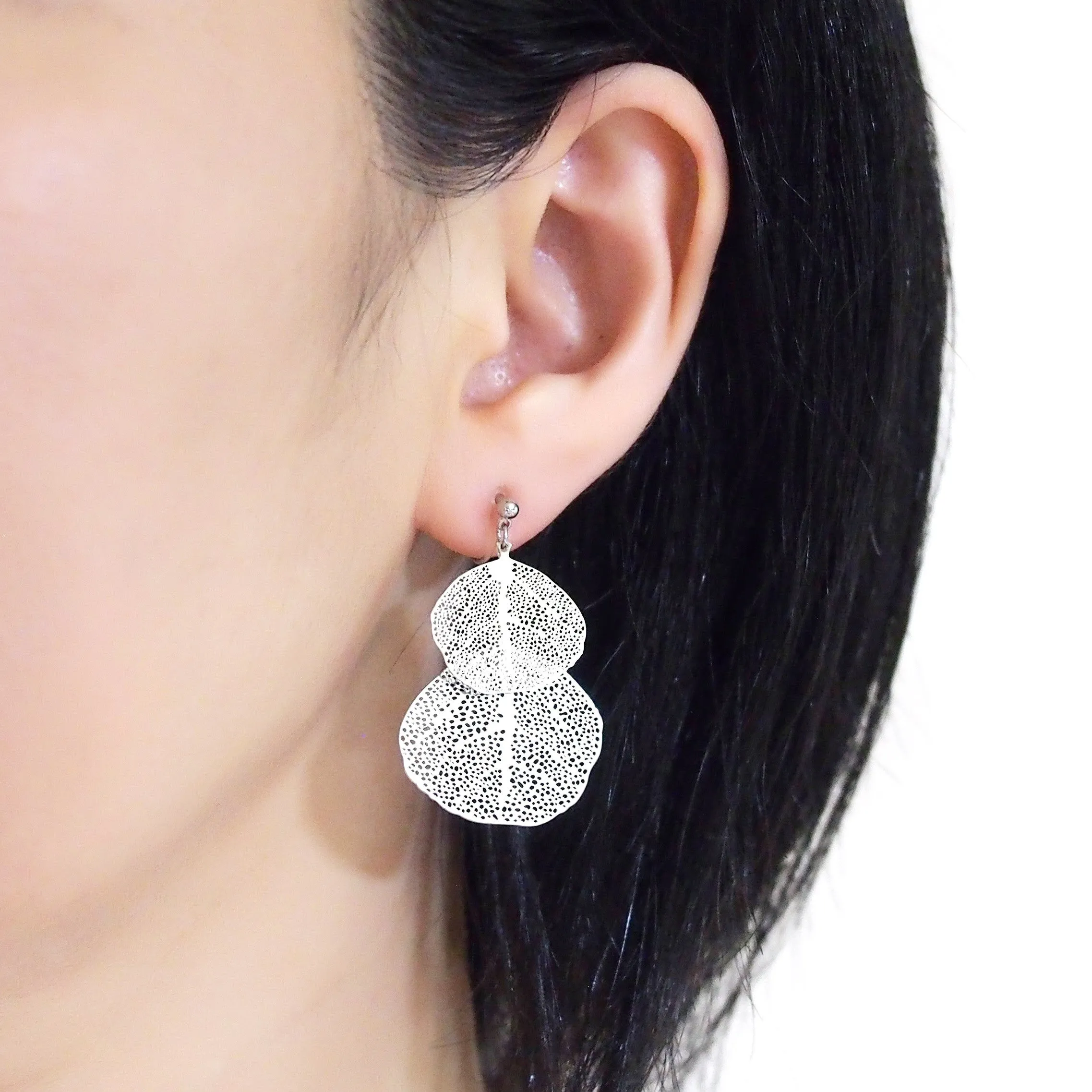 Silver two leaf filigree invisible clip on earrings