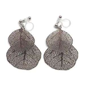 Silver two leaf filigree invisible clip on earrings