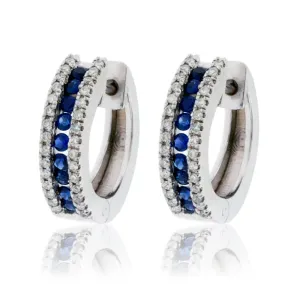 Single Row Sapphire & Diamond Lined Huggie Hoop Earrings