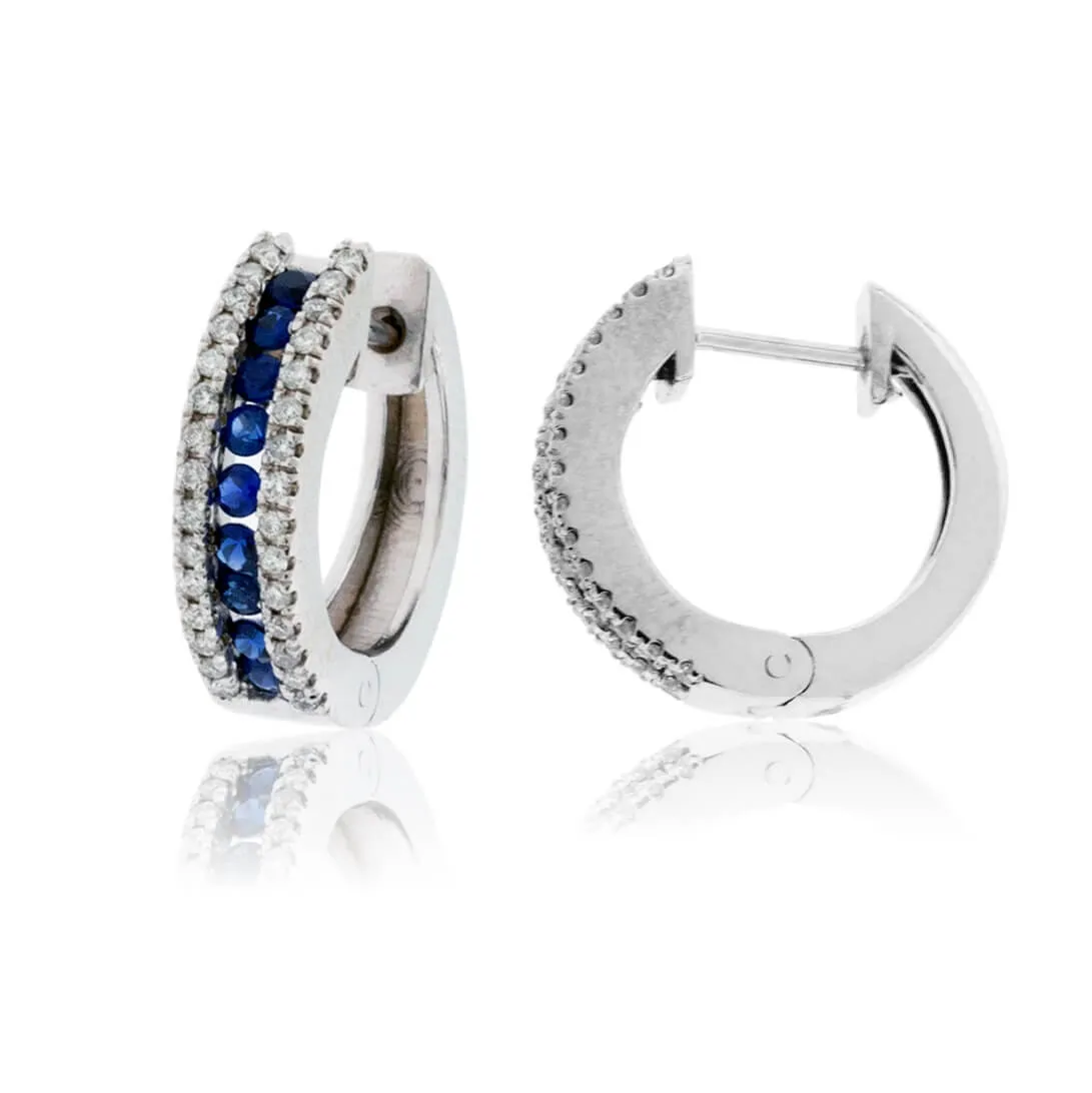 Single Row Sapphire & Diamond Lined Huggie Hoop Earrings