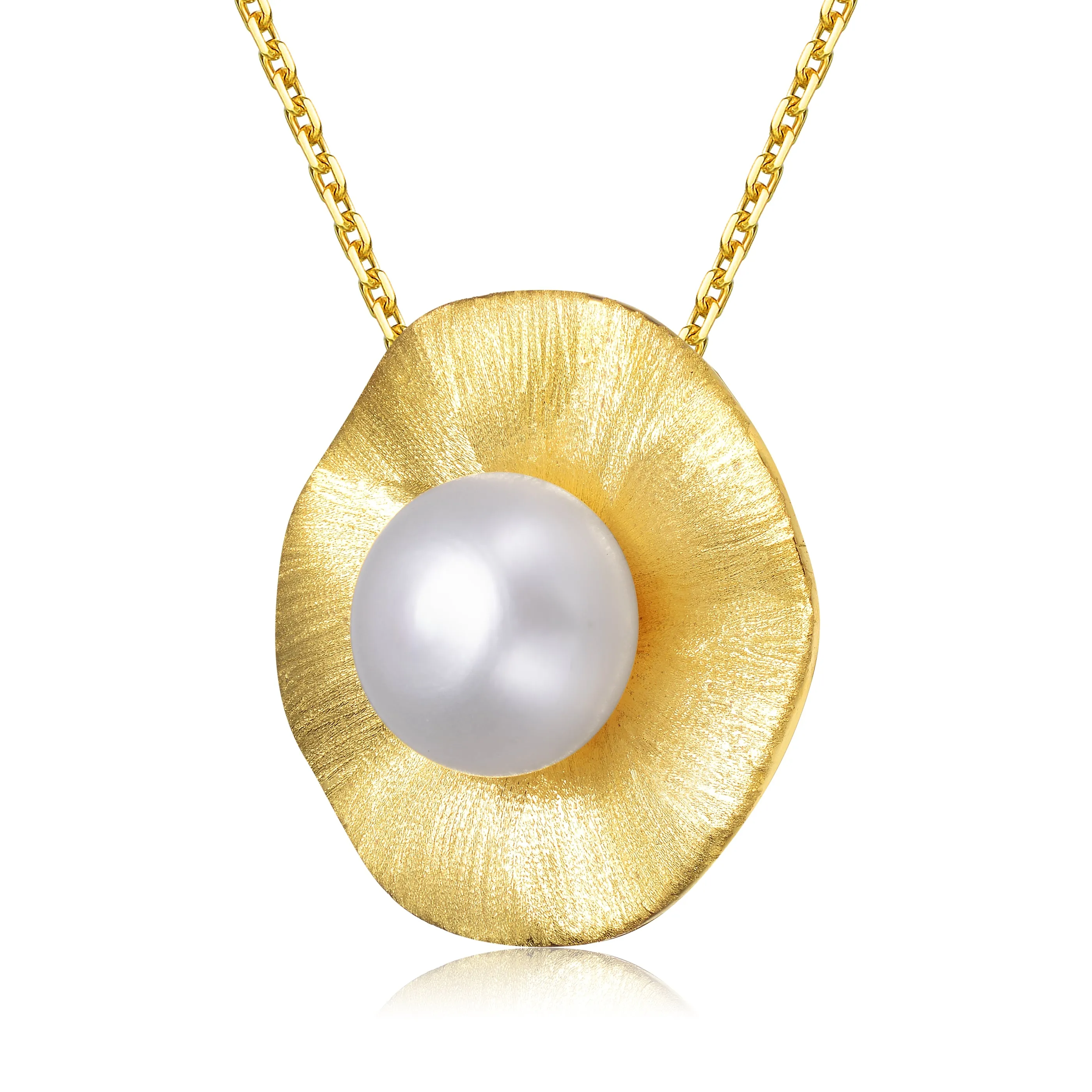 Sterling Silver Gold Plated with Genuine Freshwater Pearl Curvy Pendant Necklace