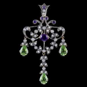 Suffragette Dropper Pendant 18Ct Gold Amethyst Peridot Diamond Pearl