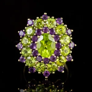 Suffragette Peridot Amethyst Cluster Ring 9Ct Yellow Gold