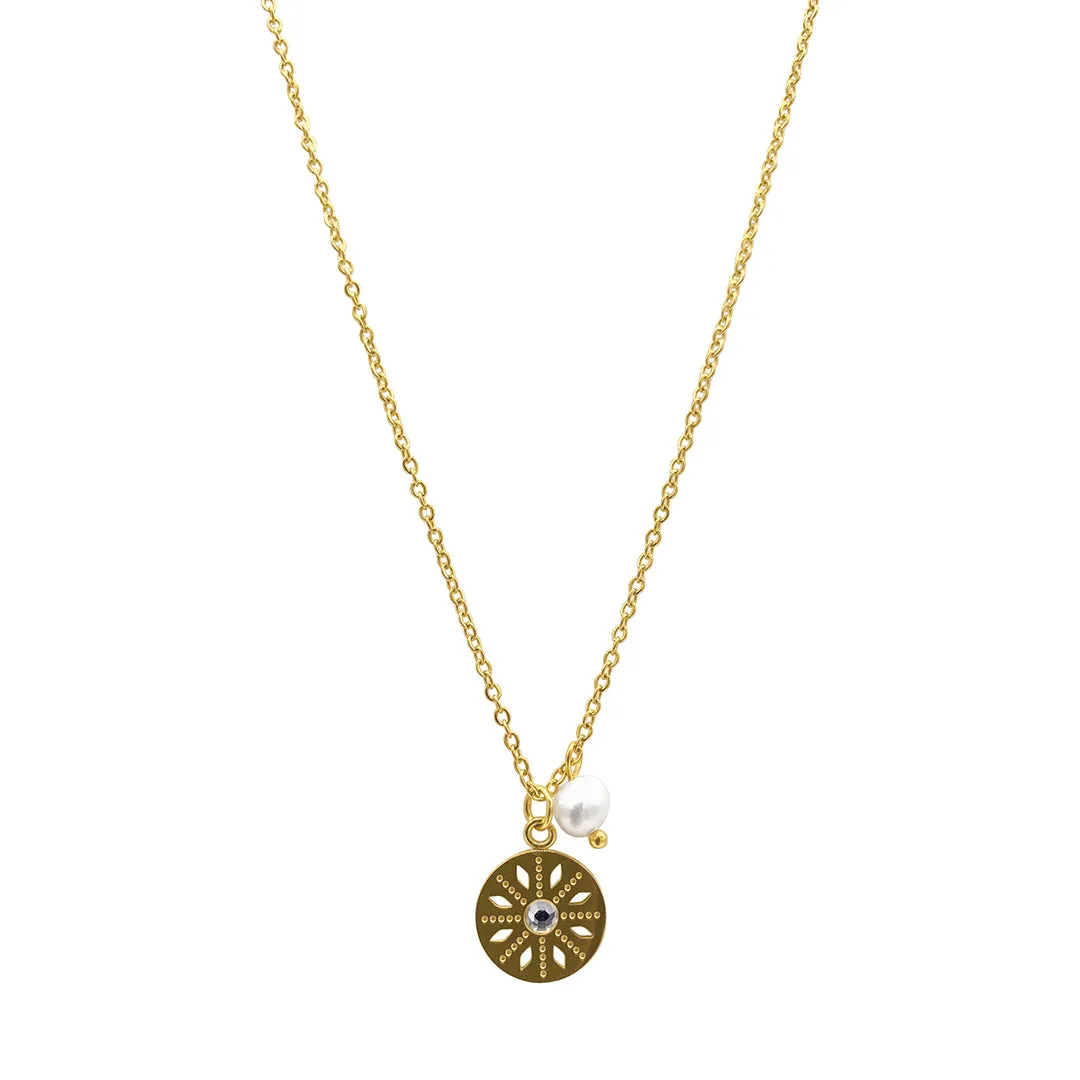 Tarnish Resistant 14k Gold Plated Flower Dial Pendant with Pearl Necklace