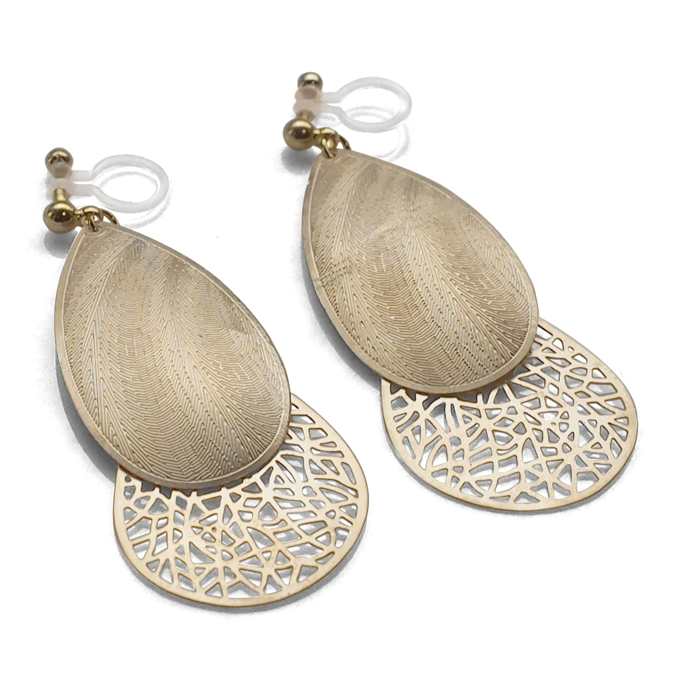 Textured gold metal and teardrop filigree invisible clip on earrings