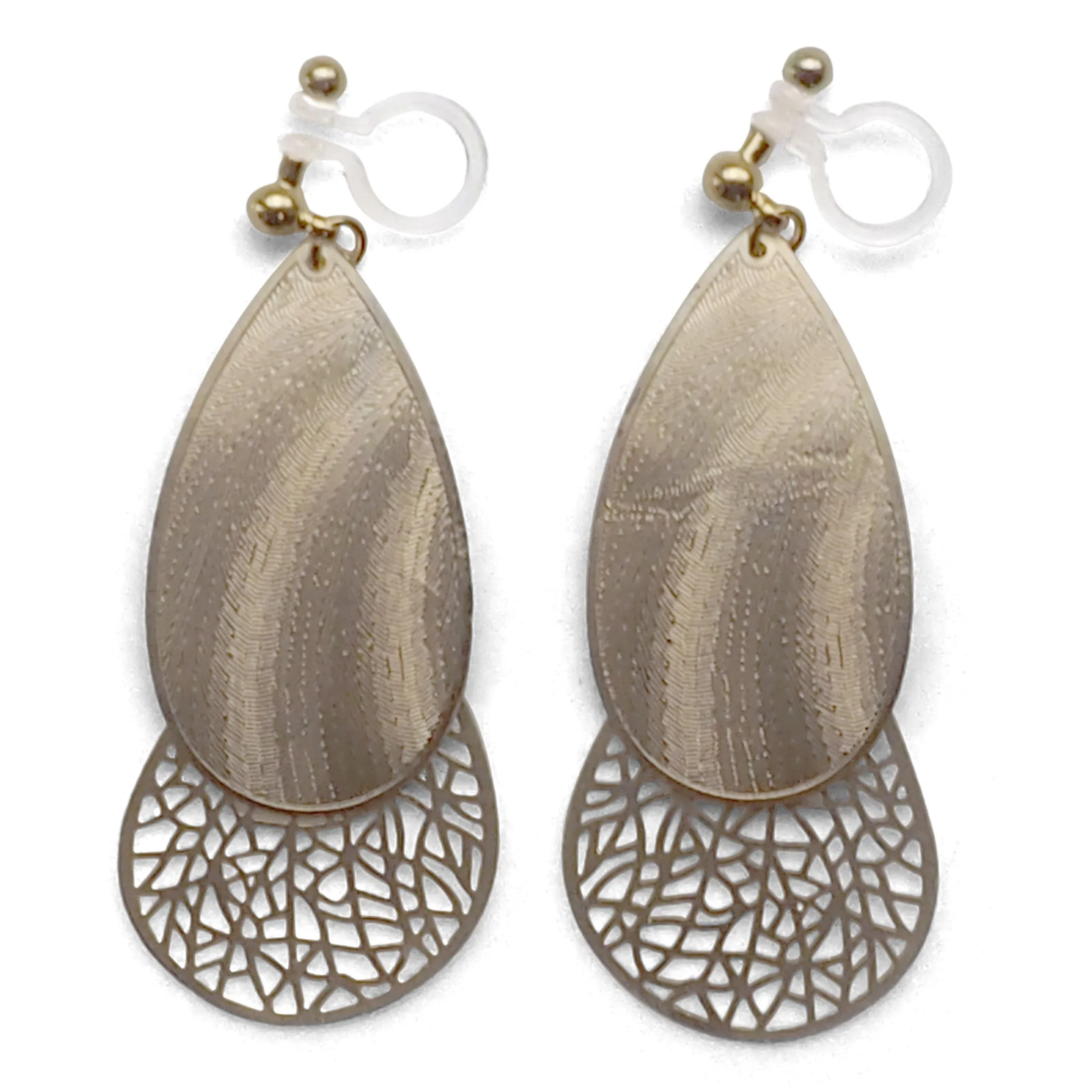 Textured gold metal and teardrop filigree invisible clip on earrings