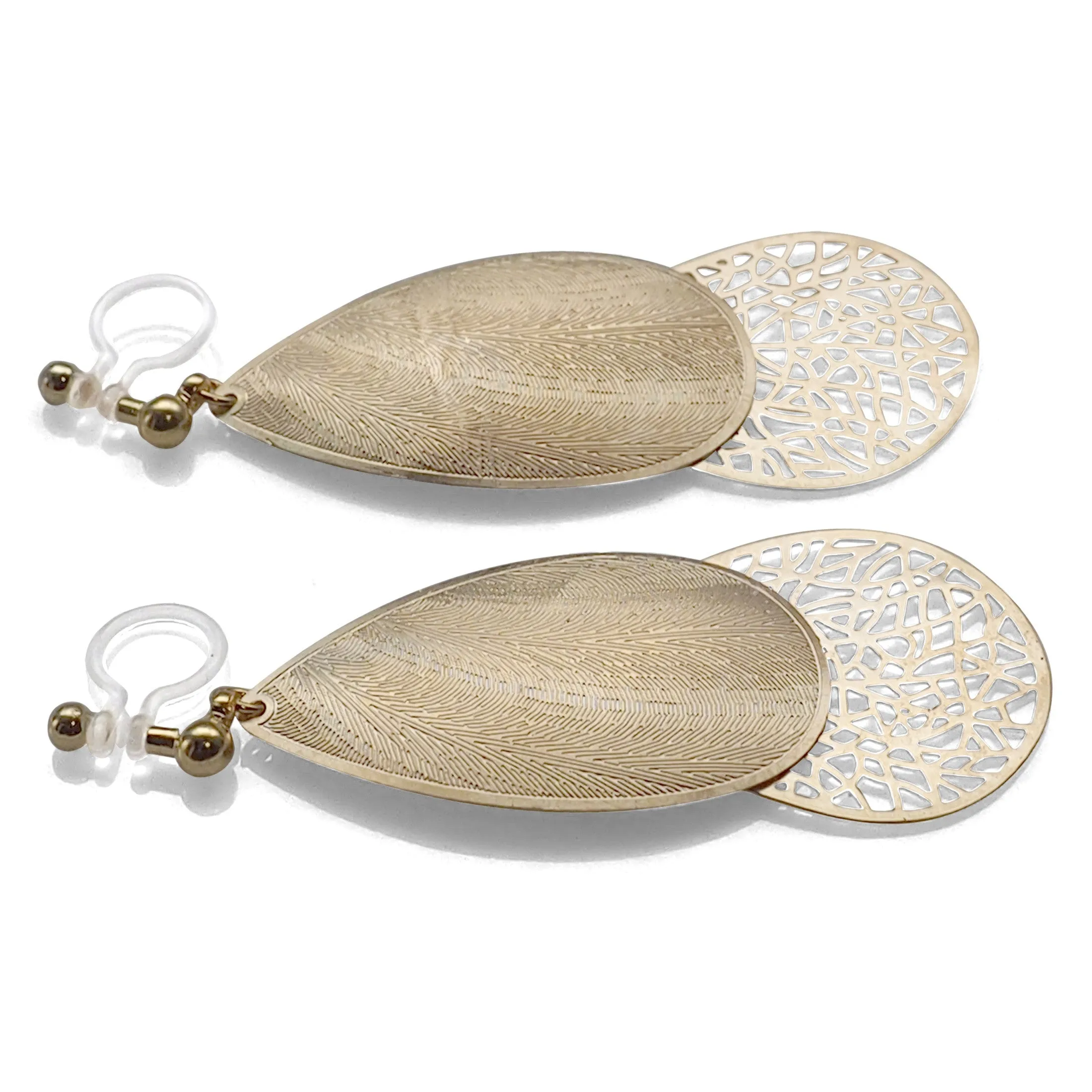 Textured gold metal and teardrop filigree invisible clip on earrings