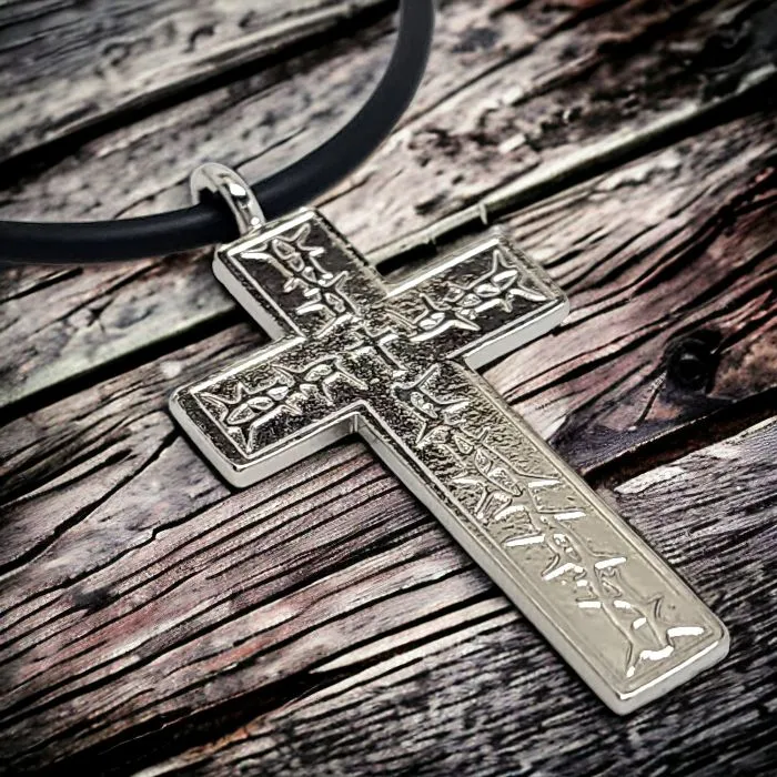 Thorns Cross Rhodium Metal Finish Pendant Black Cord Necklace