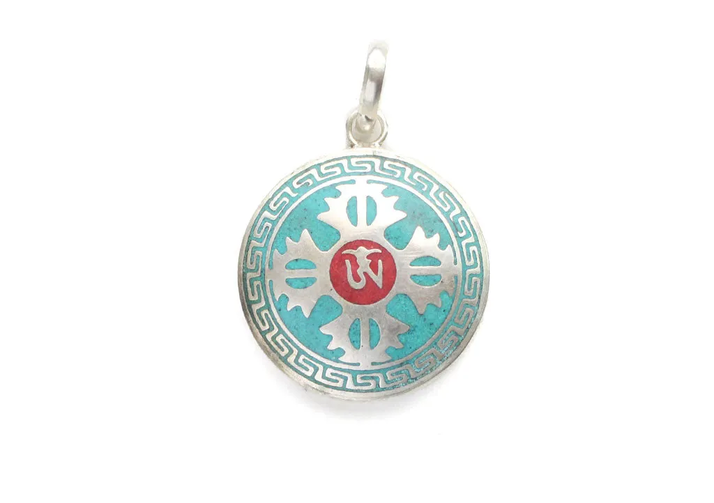 Tibetan Om and Double Dorje White Metal Pendant