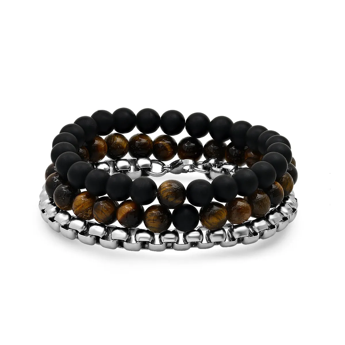 Tiger Eye Black Lava & Stainless Steel Box Chain Bracelet Stack