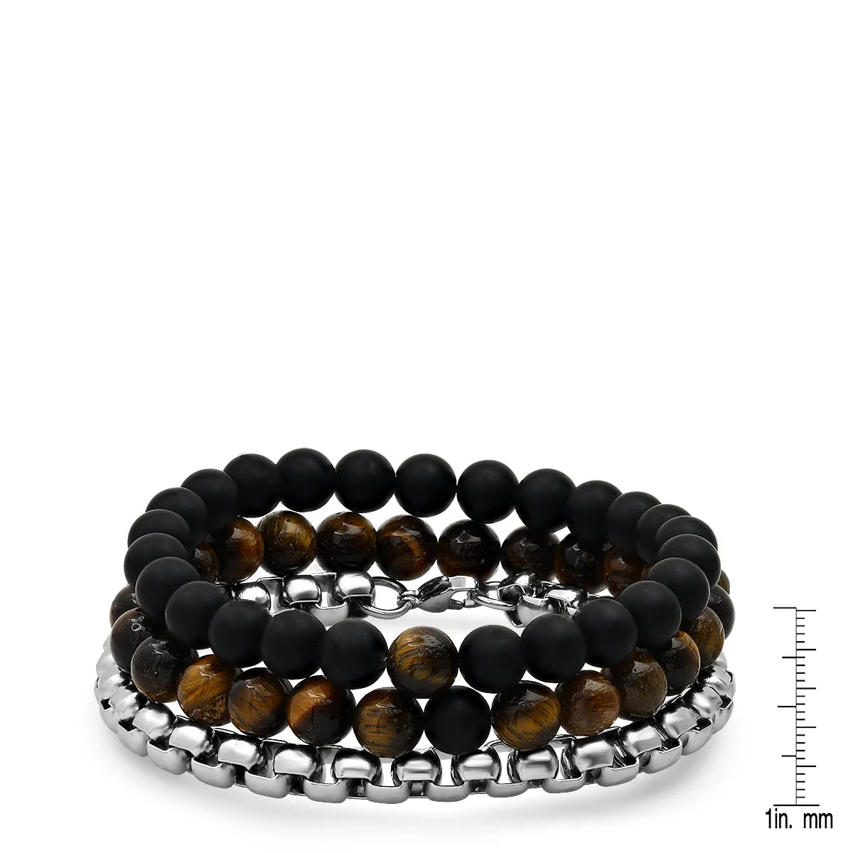 Tiger Eye Black Lava & Stainless Steel Box Chain Bracelet Stack