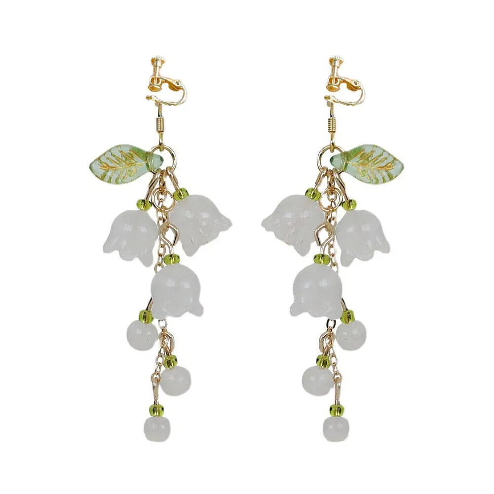 US Lily Of The Valley Chandelier Earrings Flower Floral Handmade Hook Earrings / Ear Clips