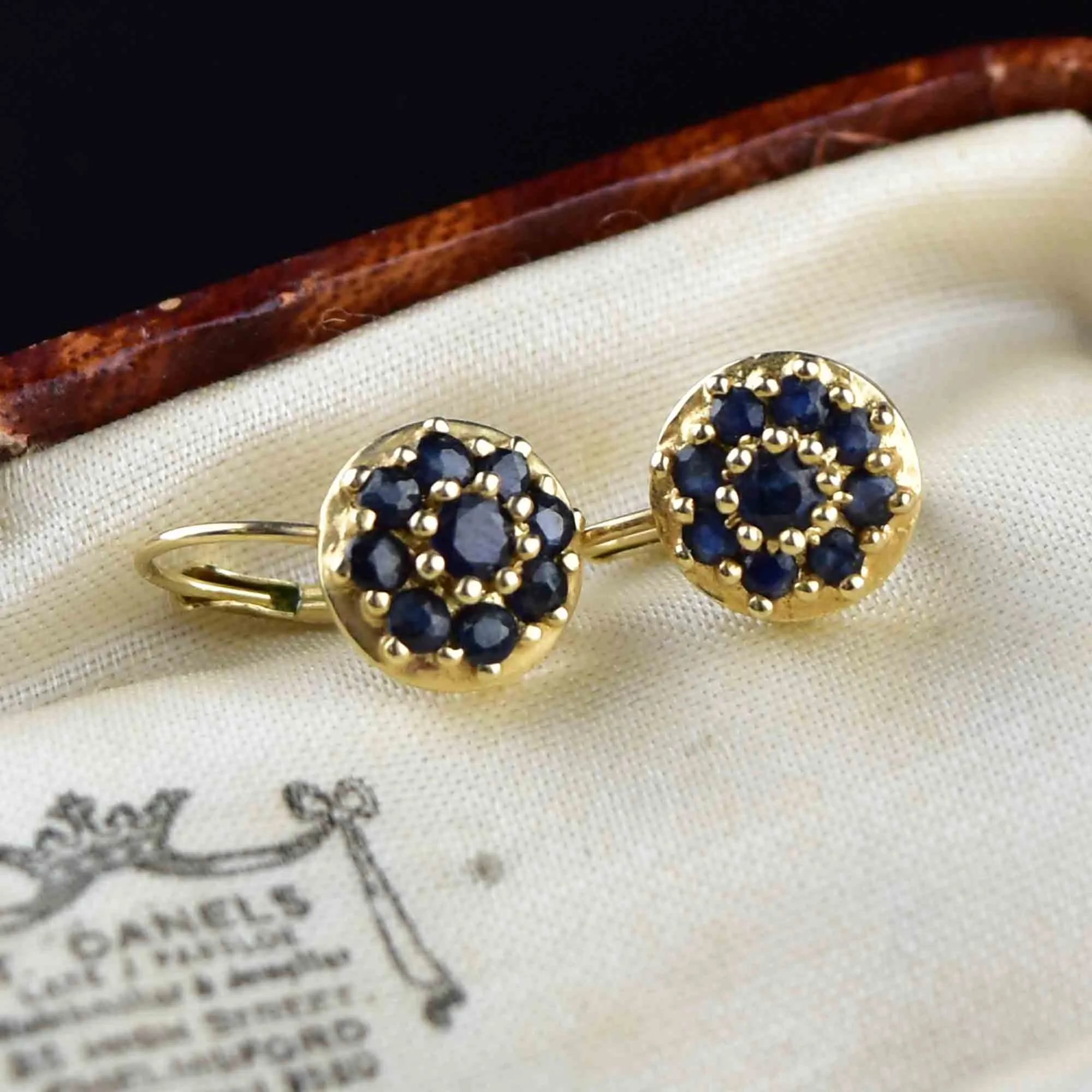 Vintage 14K Gold Sapphire Cluster Drop Earrings